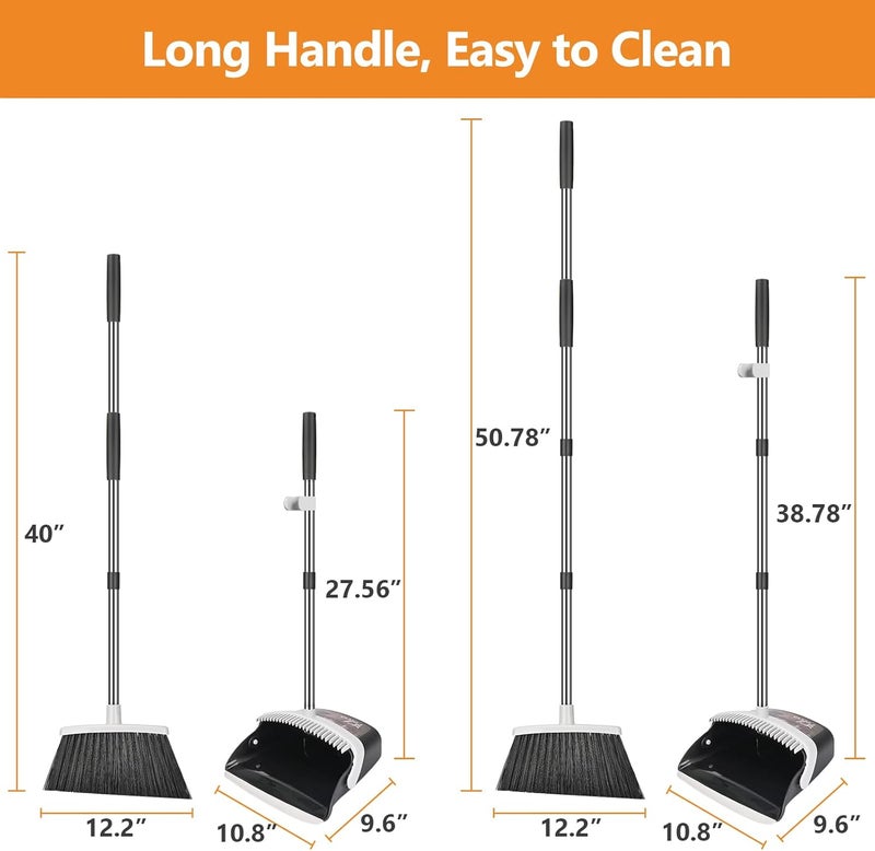 Folews Broom and Dustpan Set, Heavy Duty Dust Pan with Long Handle 51 Inch Broom with Dustpan Combo Set Upright Self-Cleaning Dust Pan Home Kitchen Lobby Indoor Outdoor Sweeping Cleaning Tool - Gray - Image 4